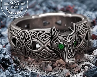 Celtic Wolf Ring, Emerald Eye Wolf Ring, Sterling Wolf Ring, Wolf Wedding Ring, Silver Viking Ring, Viking Wolf Ring, Men's Wolf Ring, 1744