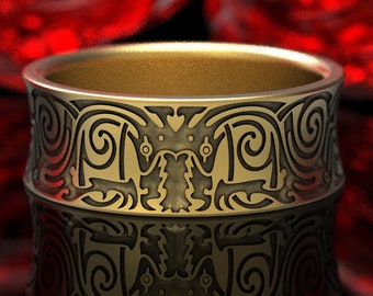 Mens Gold Odin Ring, Platinum Nordic Ring, Engraved Norse Ring, 10K Gold Viking Ring, Asgard Viking Jewelry, Grooms Viking Wedding Band,1346