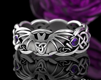 Amethyst Bat Ring, Sterling Vampire Bat, Halloween Ring, Flying Fox Celtic Ring, Silver Spooky Ring, Flying Bat Ring, Purple Goth Ring, 3138