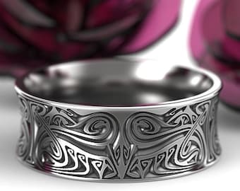 Sterling Silver Engraved Norse Wedding Ring, Viking Wedding Band, Men's Wide Asatru Handfasting Ring, Silver Wyrd Eternal Loop Ring, 1783