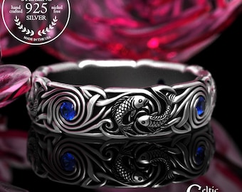 Lady's Sapphire Koi Fish Wedding Ring, Sterling Ocean Bride Ring, Silver Eternal Spiral, Japanese Fish Ring, Woman's Pisces Water Ring, 2098