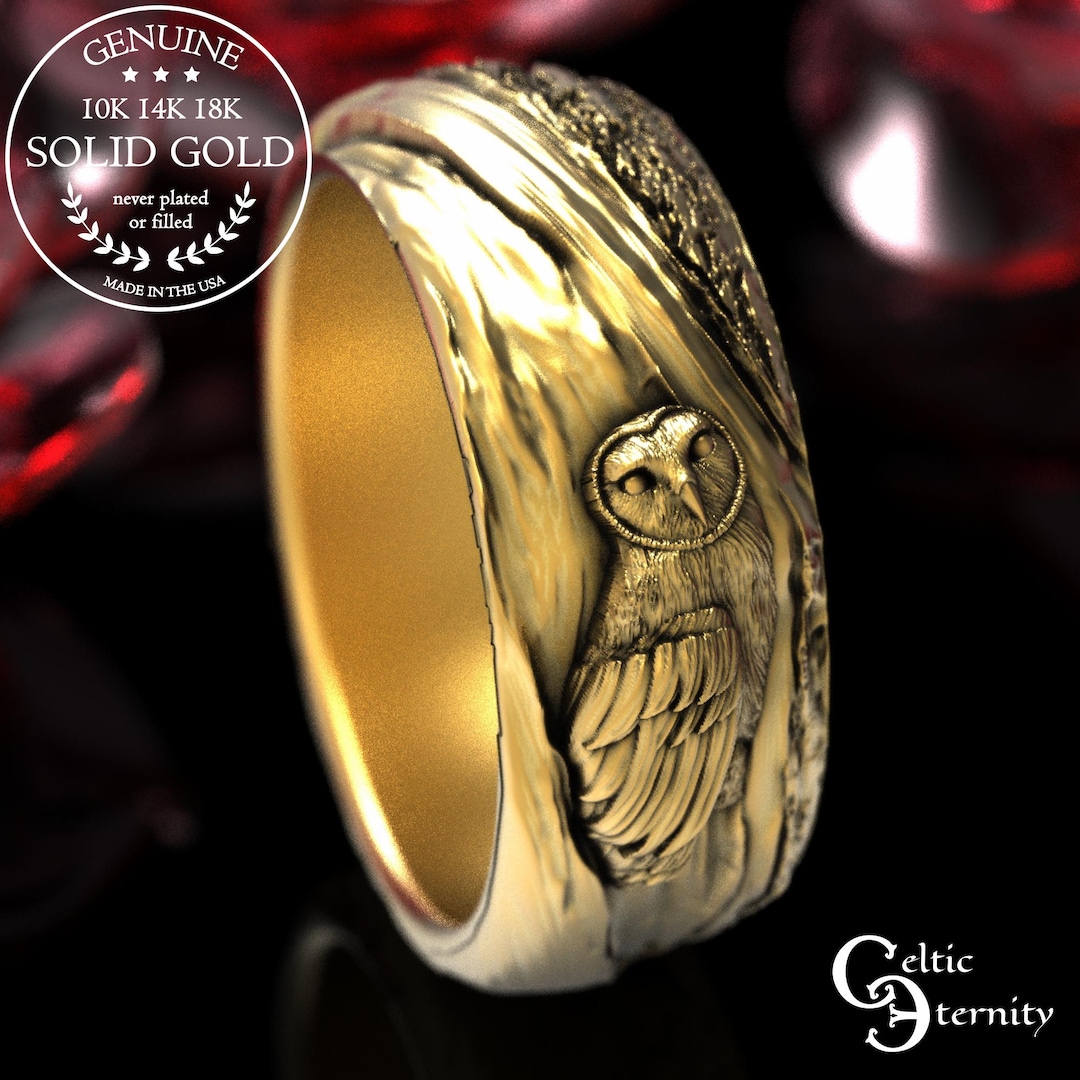 Gold Barn Owl Ring, 10K Snowy Owl Ring, 14K White Gold Hoot Owl Ring ...