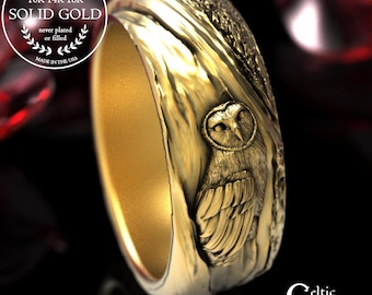 Gold Barn Owl Ring, 10K Snowy Owl Ring, 14K White Gold Hoot Owl Ring, Platinum Tree Bark & Owl Wedding Band, Women's Owl Wedding Ring, 2028