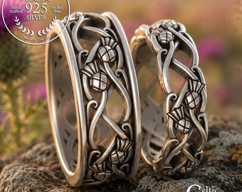 Bride & Groom Classic Thistle Wedding Rings, Sterling Scottish Thistles Handfasting Set, Matching Silver Celtic Knotwork Bands, 3301 3302