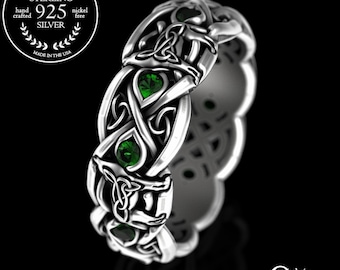 Celtic Wolf Ring, Sterling Silver & Emerald Wedding Band, Wolf Wedding Ring, Celtic Infinity Ring, Eternity Wedding Ring, Emerald Ring, 1267