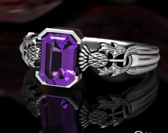 Sterling Thistle Amethyst Engagement Ring, Emerald-Cut Solitaire Ring, Womens Scottish Botanical Wedding Ring, Silver Celtic Rectangle, 3200