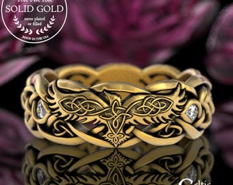 10K Gold Raven Ring, Moissanite Gold Wedding Ring, 10K Celtic Raven Ring, Womens Raven Wedding Band, 10K Gold Raven Wedding Ring, 4728