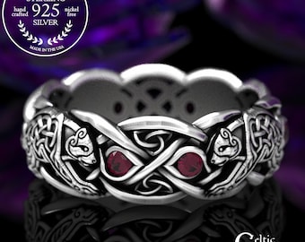 Sterling Silver Bear Ring, Ruby Bear Ring, Celtic Bear Ring, Celtic Wedding Band, Celtic Animal Ring, Sterling  Ruby Wedding Band, 1682