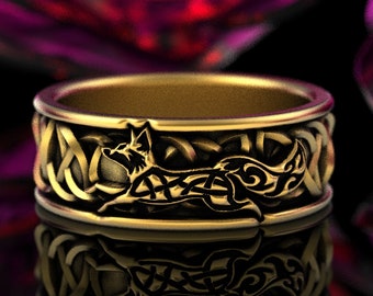 Celtic Fox Ring in Gold, Fox Wedding Knot Ring, Mens Fox Wedding Band, Gold Fox Jewelry, Celtic Knot Ring, 10K 14K 18K Gold or Platinum 1240