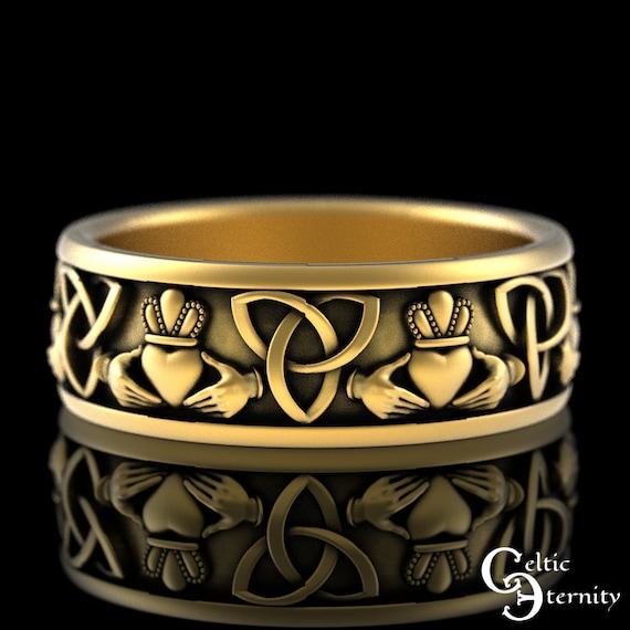 10k Gold Men's Claddagh Trinity Band Ring - Celtic Knot Design, Yellow Gold Irish Ring