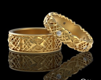 Celtic Heart Knot Wedding Set, Gold Lovers Knot Ring Set, Woven Moissanite Heart Knot Ring Set, 10K 14K 18K Gold or Platinum, 4012 4014