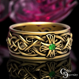 Guld herr smaragd korsring, herr 14K korsring, 10K kors vigselring, irländsk smaragd vigselring, irländsk ring, smaragd korsring, 1929 bild 3