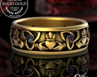 Alexandrite Claddagh Ring, Gold Scottish Heart Crown Hand Ring, 10K Irish Claddagh Wedding Ring, 18K Gold Alexandrite Wedding Band, 3079