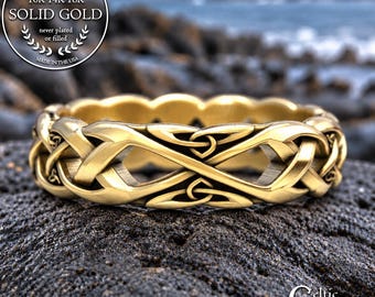 10K Yellow Gold Irish Bride Knotwork Ring, 18K White Gold Celtic Woman Wedding Band, Platinum Braided Anniversary, 2136