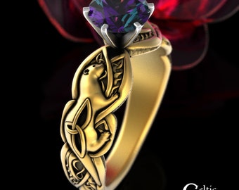 10K 14K Alexandrite Otter Engagement Ring, Gold Alexandrite Solitaire Ring, Celtic Otter Wedding Ring, White Gold Alexandrite Ring, 3060