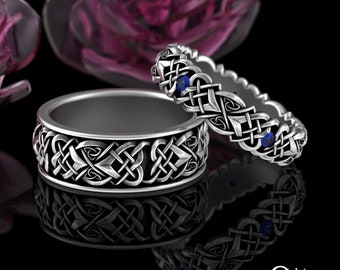 Celtic Knot Sapphire Wedding Ring Set, Silver Heart Wedding Rings, His & Hers Sterling Celtic Ring Set, Sapphire Wedding Bands, 4012 4014