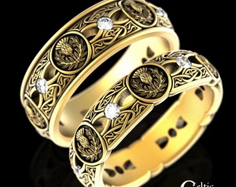 Moissanite & Gold Irish Thistle Rings, Gold Scottish Wedding Ring Set, 14K Matching Wedding Bands, His Hers Gold Thistle Rings, 4408 4409