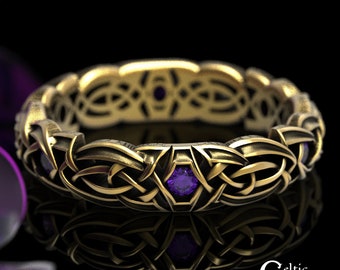 Gold Tribal Knotwork Ring, Gold Amethyst Wedding Ring, Tribal Wedding Band, Womans Tribal Ring, Narrow Women Ring, Unique Gold Ring, 1598