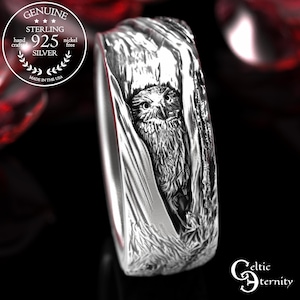 Anillo de bodas de búho en plata de ley, alianza de búho ululante, anillos de boda de corteza de árbol 925, anillo de boda de búho nocturno, anillo de lechuza común, 1792