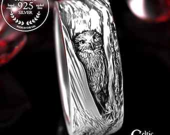 Sterling Silver Owl Wedding Ring, Hoot Owl Wedding Band, 925 Tree Bark Wedding Rings, Night Owl Wedding Ring, Barn Owl Ring, 1792