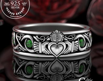 Sterling Silver & Emerald Irish Claddagh Ring, Scottish Loyalty Knot Wedding Band, Mens Celtic Sacred Union Handfasting Ring, 3218