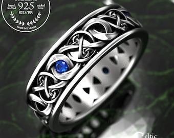 Mens Sapphire Infinity Weave Ring, Sterling Scottish Man Wedding Band, Simple Gaelic Love Knot Ring, Silver Celtic Marriage Vow, 1991