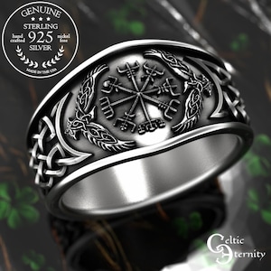 Anillo de plata de ley con diseño de buscador de caminos Vegvísir, anillo de bodas con brújula nórdica, anillo vikingo de matrimonio para hombre con brújula de Odín, 1159
