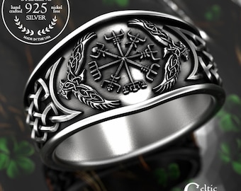 Sterling Silver Vegvísir Wayfinder Statement Ring, Norse Seekers Compass Wedding Ring, Odin's Compass Viking Mens Handfasting Ring, 1159