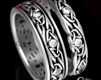 Moissanite Celtic Wedding Band Set in Sterling Silver, Matching Wedding Rings, Celtic Wedding Ring, His Hers Celtic Wedding Rings, 1467 1469