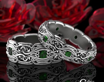 Emerald Mushroom Rings, Matching Sterling Celtic Rings, Matching Celtic Wedding Bands, Silver Emerald Ring Set, Celtic Ring Set, 1378 1535