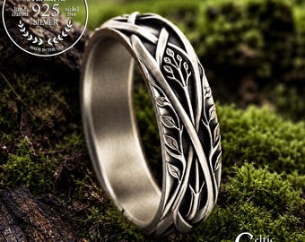 Sterling Irish Bride Forest Ring, Woman's Tree of Life Wedding Band, Silver Celtic Botanical Ring, Leaves & Woven Branches Jewelry, 2130