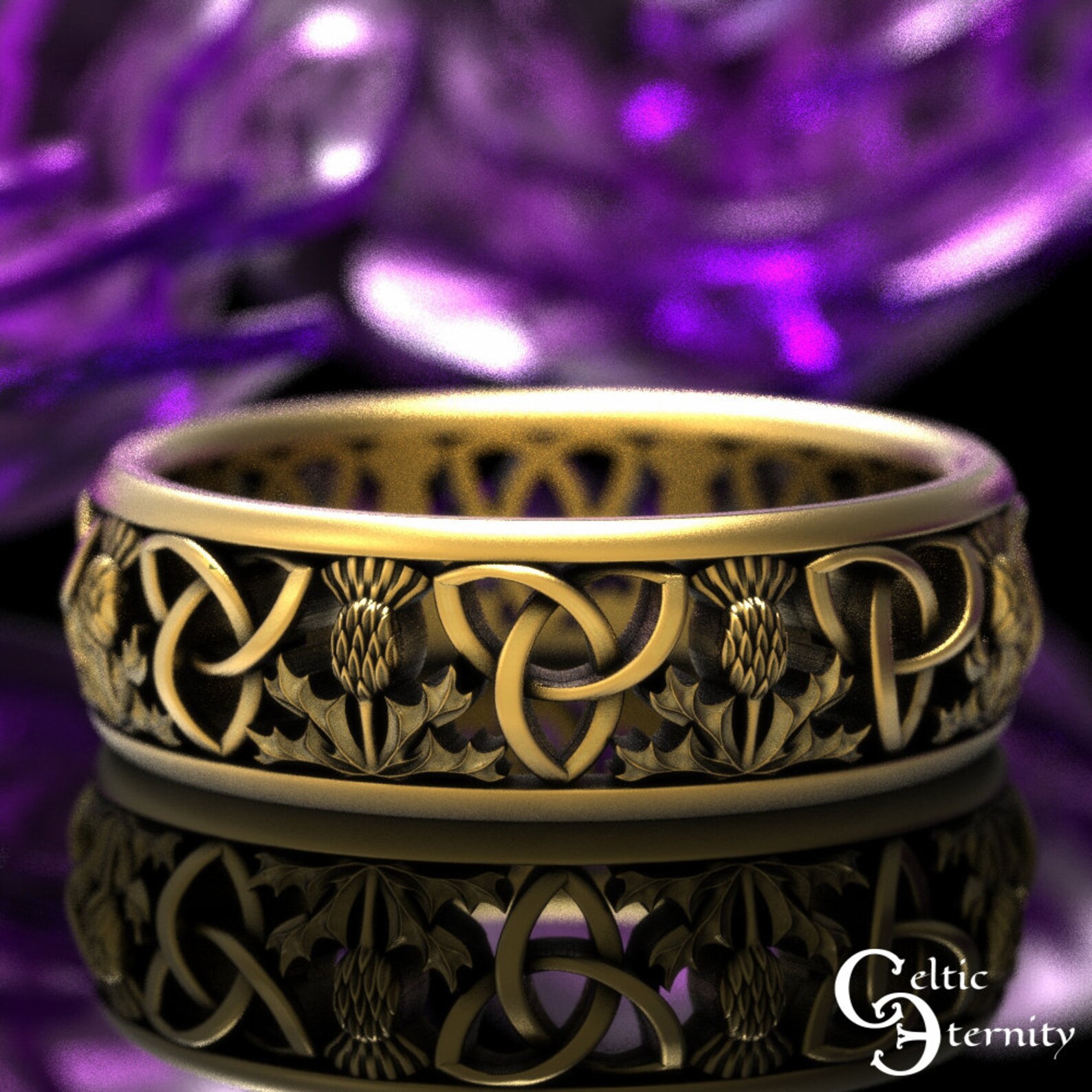 Gold Classic Scottish Wedding Band, Yellow Gold Thistle Ring, Gold ...