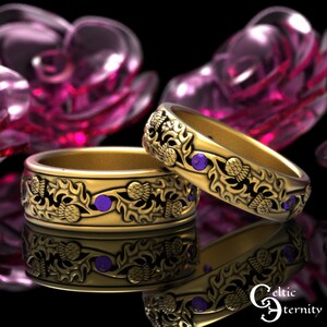 Gold Amethyst Thistle Ring Set, Gold Thistle Wedding Bands, Amethyst Celtic Wedding Ring Set, 10K Gold Irish Wedding Ring Set, 1935 1936 image 3