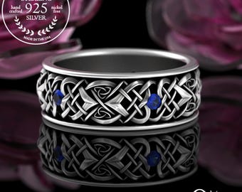 Sapphire & Sterling Mens Ring, Sapphire Knotwork Ring, Traditional Celtic Wedding Ring, Sapphire Mens Ring, Sapphire Wedding Band, 4015