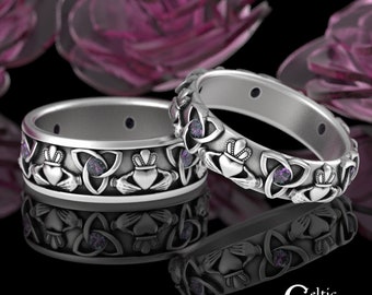 Matching Alexandrite Wedding Set, Sterling His Hers Claddagh Celtic Wedding Band Set, Silver Trinity Irish Handfasting Rings, 3162 3079