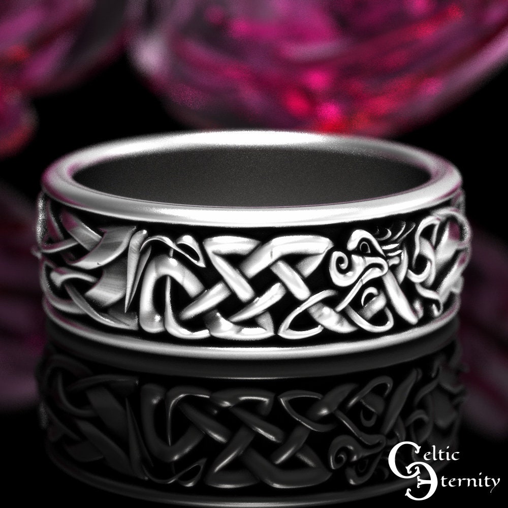 Gold Dragon Wedding Ring, Mens Celtic Dragon Ring, 10K Norse Wedding