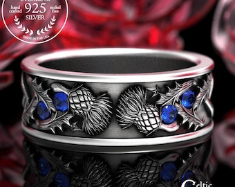 Sapphire & Sterling Irish Wedding Band, Men's Thistle Ring, Silver Celtic Flower Ring, Scottish Groom Ring, Handmade Irish Jewelry, 2129