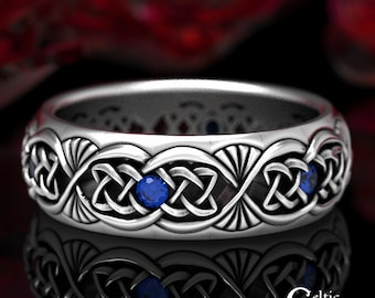 Mens Sapphire & Silver Ring, Celtic Wedding Band, Sterling Silver Wedding Band, Mens Celtic Ring, Silver Mens Ring, Mens Wedding Band, 1579