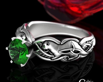 Emerald Otter Engagement Ring, Otter Solitaire Ring, Sterling Celtic Otter Ring, Emerald Otter Wedding Ring, Irish Engagement Ring, 3060