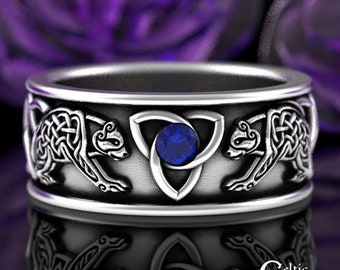 Sapphire Irish Bear Ring, Sterling Mens Viking Wedding Band, Silver Celtic Bear Ring, Norse Wedding Ring, Viking Bear Trinity Knotwork, 3102