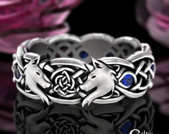 Womens Sapphire Wolf Ring, Sterling Celtic Wedding Band, Silver Sapphire Wolf Ring, Celtic Infinity Wedding Ring, Silver Knotwork Ring, 9101