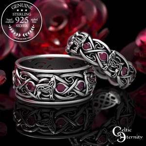 Matching Wolf Wedding Rings, Ruby & Sterling Silver Celtic Rings, His Hers Wolf Rings, Matching Silver Rings, Celtic Wedding Set, 1267 1269