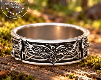 Sterling Raven & Wolf Ring, Mens Wedding Band, Raven Ring, Wolf Ring, Celtic Wolf Ring, Raven Jewelry, Celtic Wedding Band, 1697