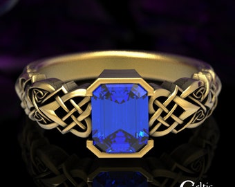 Sapphire Emerald-Cut Engagement Ring, Gold Sapphire Celtic Engagement Ring, Gold Irish Engagement Ring, White Gold Celtic Wedding Ring, 1657