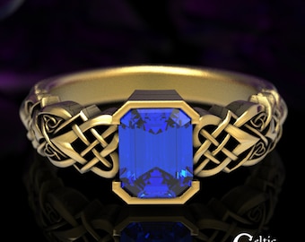 Sapphire Emerald-Cut Engagement Ring, Gold Sapphire Celtic Engagement Ring, Gold Irish Engagement Ring, White Gold Celtic Wedding Ring, 1657