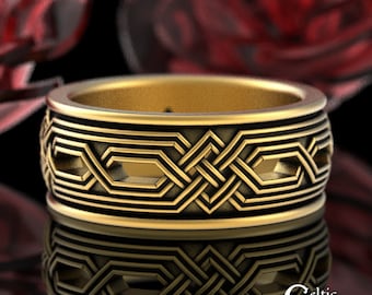 Gold Mens Viking Wedding Band, 10K 14K Gold Irish Knotwork Wedding Ring, Diamond Weave Celtic Ring, Gold Geometric Tribal Design Ring, 4326