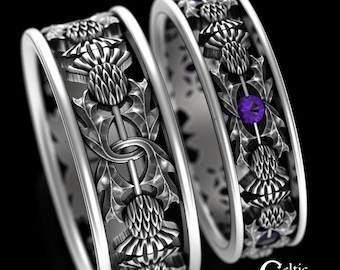 Matching Thistle Ring Set, Sterling Scottish Wedding Set, Amethyst Thistle Set, Matching Scottish Rings, His Hers Thistle Ring, 1769 1768