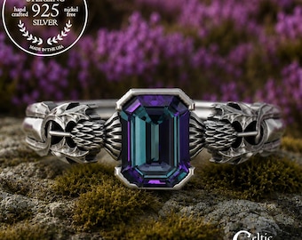 Thistle Alexandrite Solitaire Ring, Sterling Emerald-Cut Solitaire Ring, Rectangle Celtic Botanical Wedding Ring, Silver Scottish Bride,3200