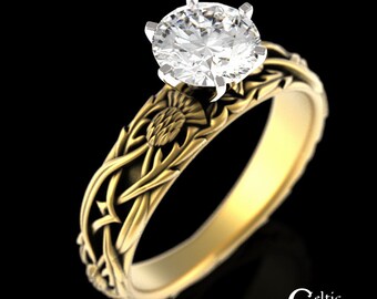 Gold Irish Thistle Wedding Ring, 10K Moissanite Scottish Engagement, Celtic Thistle Wedding Ring, 14K White Gold Thistle Solitaire Ring,3063