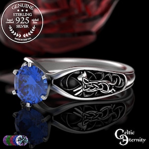Sapphire Kitty Cat Ring, Sterling Celtic Cats Engagement Ring, Silver Amethyst Cat Bridal Wedding Ring, Round Emerald Proposal Ring, 3255